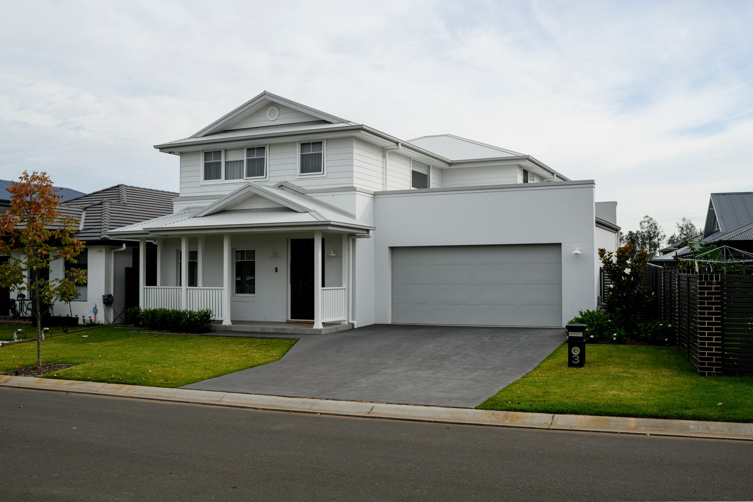 Contemporary white two-storey house with a grey driveway, manicured lawn, and modern garage, set in a suburban neighbourhood.
