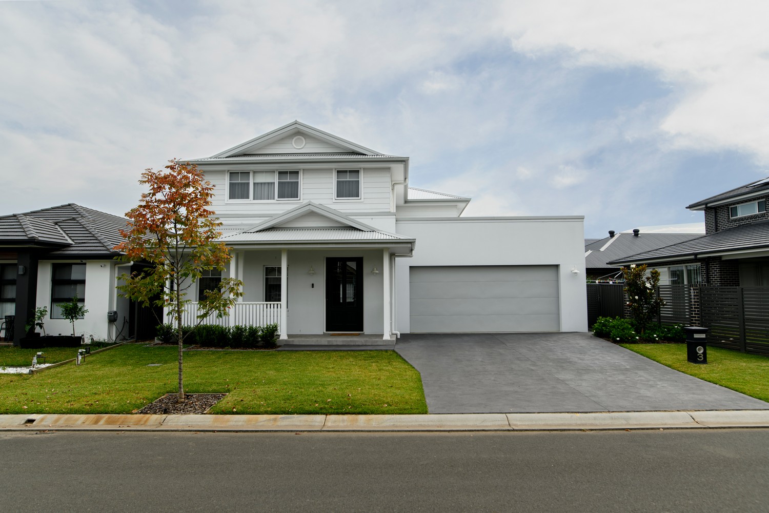 Modern two-storey white house with a grey garage, manicured lawn, and a small tree in the front, set against a cloudy sky.