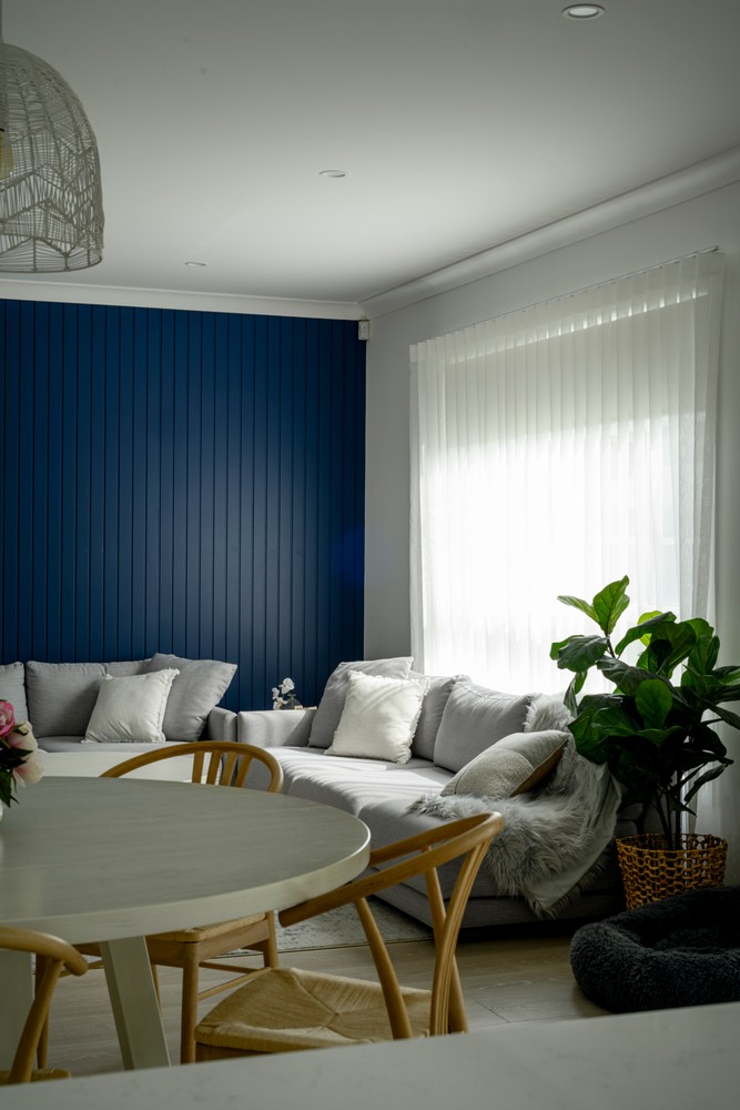 Modern living space featuring a grey sofa, blue accent wall, large window with sheer curtains, and a potted plant, with a dining table in view.