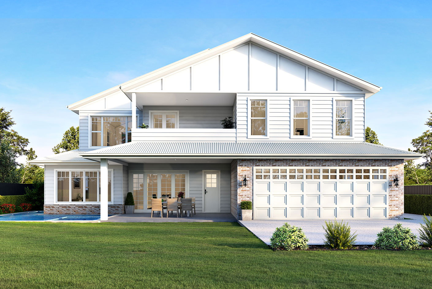 A two-storey coastal-style home featuring a light colour palette, large windows, a front porch, and a neatly maintained lawn.