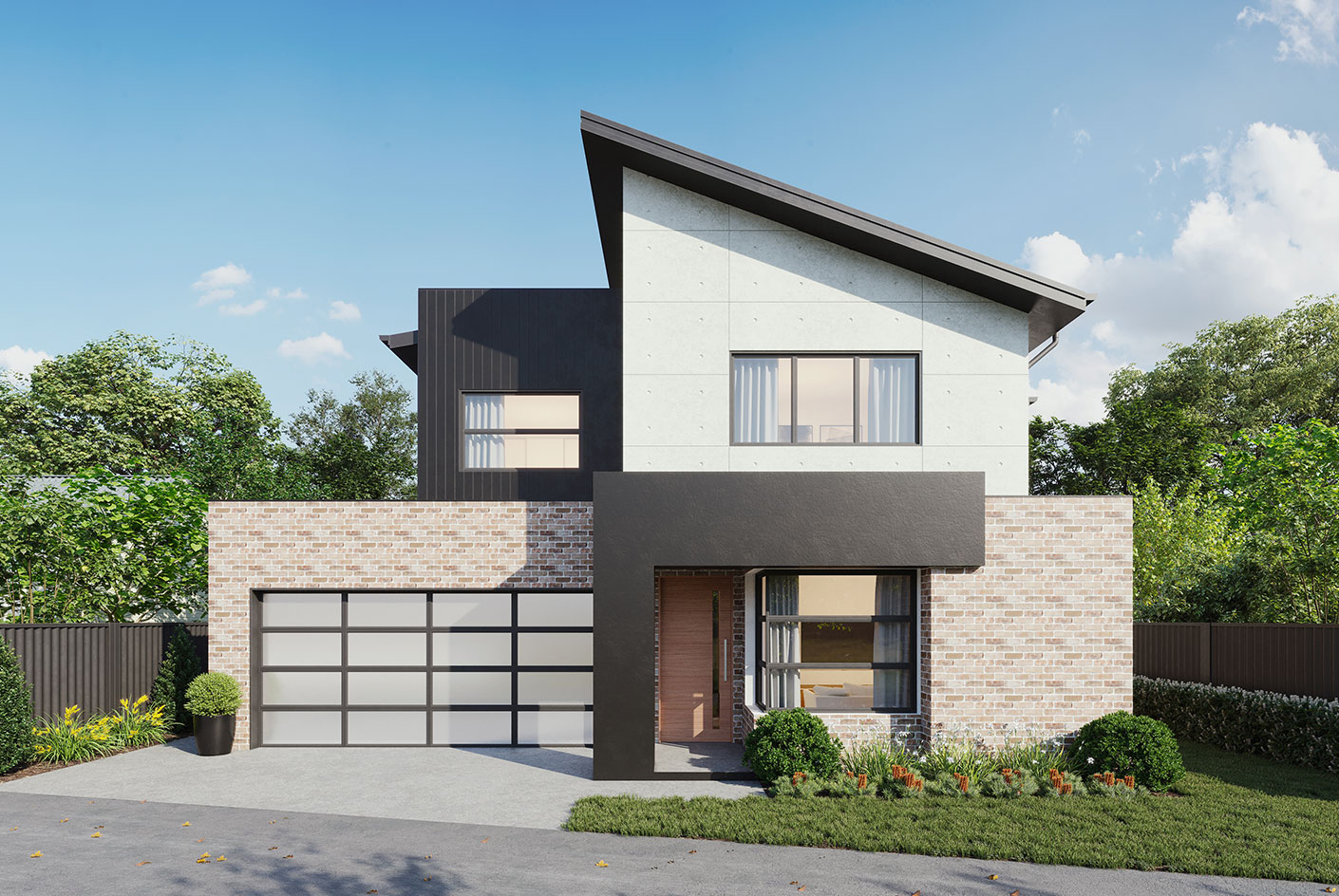 Modern two-storey home featuring a mix of grey, brick, and black accents, with a large garage and landscaped front garden.