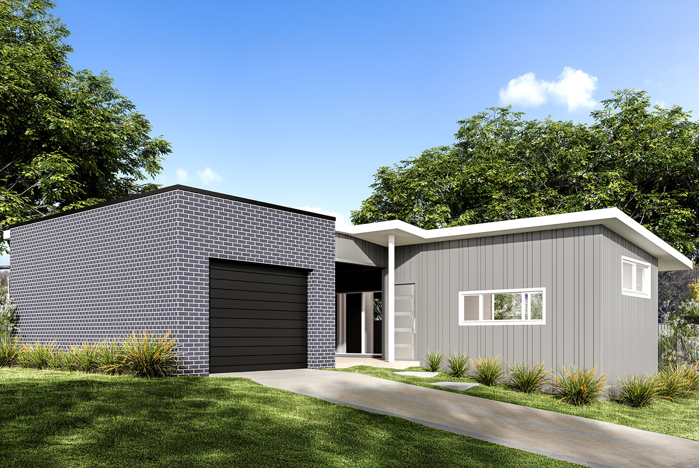 Modern granny flat with a grey and black exterior, featuring a sleek design, surrounded by green grass and trees under a blue sky.