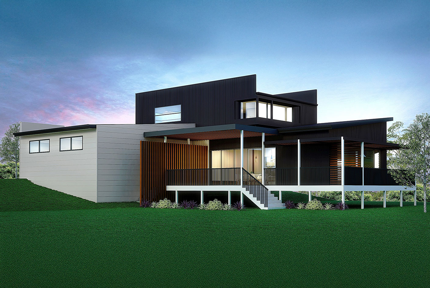 Contemporary modern farmhouse with a black and white exterior, featuring wood accents, large windows, and a spacious porch on a green lawn.