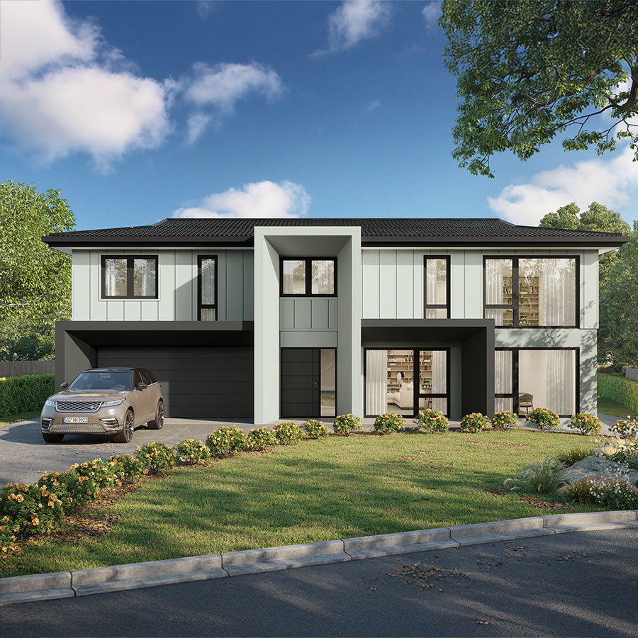 Modern two-storey house with a grey façade, large windows, and a landscaped front garden, featuring a black car parked in the driveway.