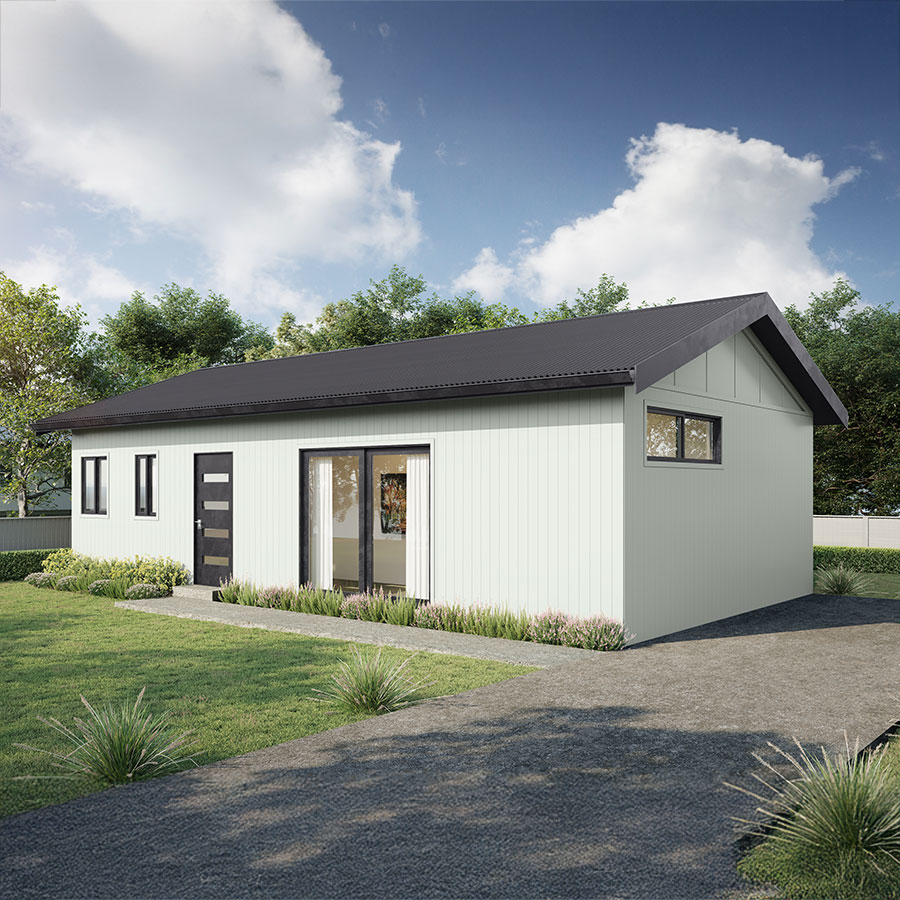 Modern single-storey granny flat with a light-coloured exterior, dark roof, large front windows, surrounded by greenery and a gravel path.