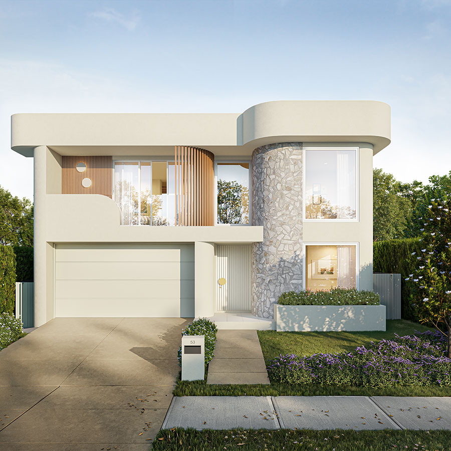 Modern two-storey house featuring curved architecture, stone accents, large windows, and a landscaped front yard with flowers.