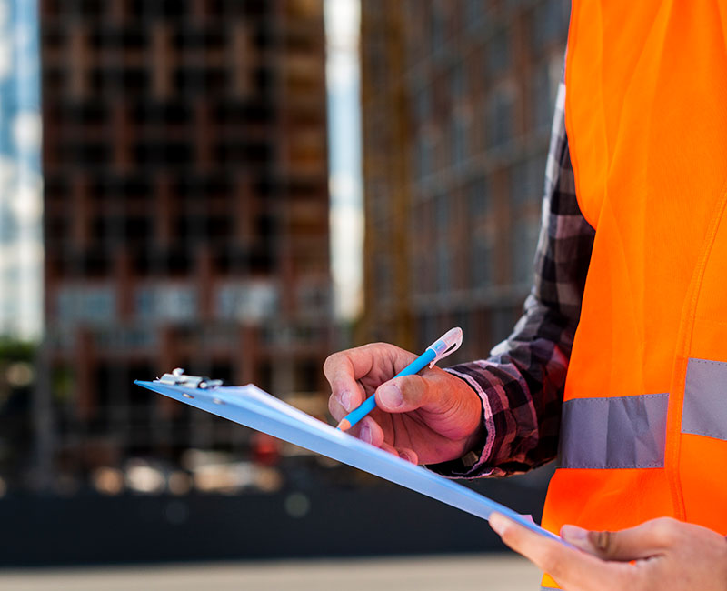 A construction worker in a bright orange vest holds a clipboard and pen, with building structures blurred in the background.
