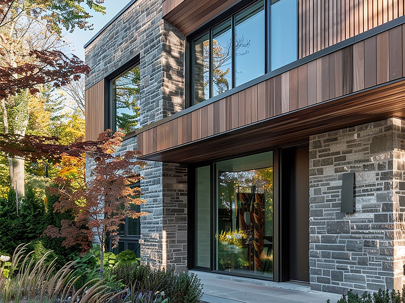 Modern architectural façade featuring a mix of stone and wooden elements, large windows, and landscaped greenery. Autumn foliage adds warmth.