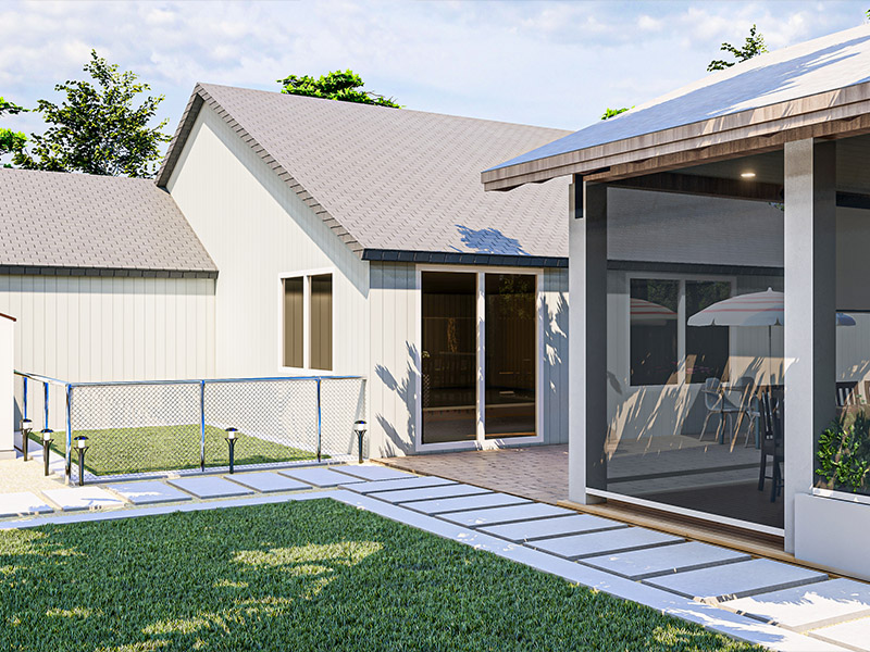 Contemporary home exterior in Denham Court with grey cladding, large windows, and a patio, set in a lush green garden.