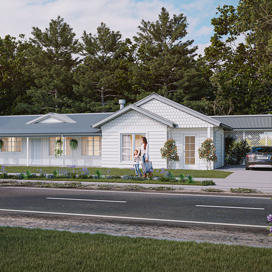 Modern white house with a landscaped front garden, children walking with an adult, surrounded by trees and a driveway leading to a car.