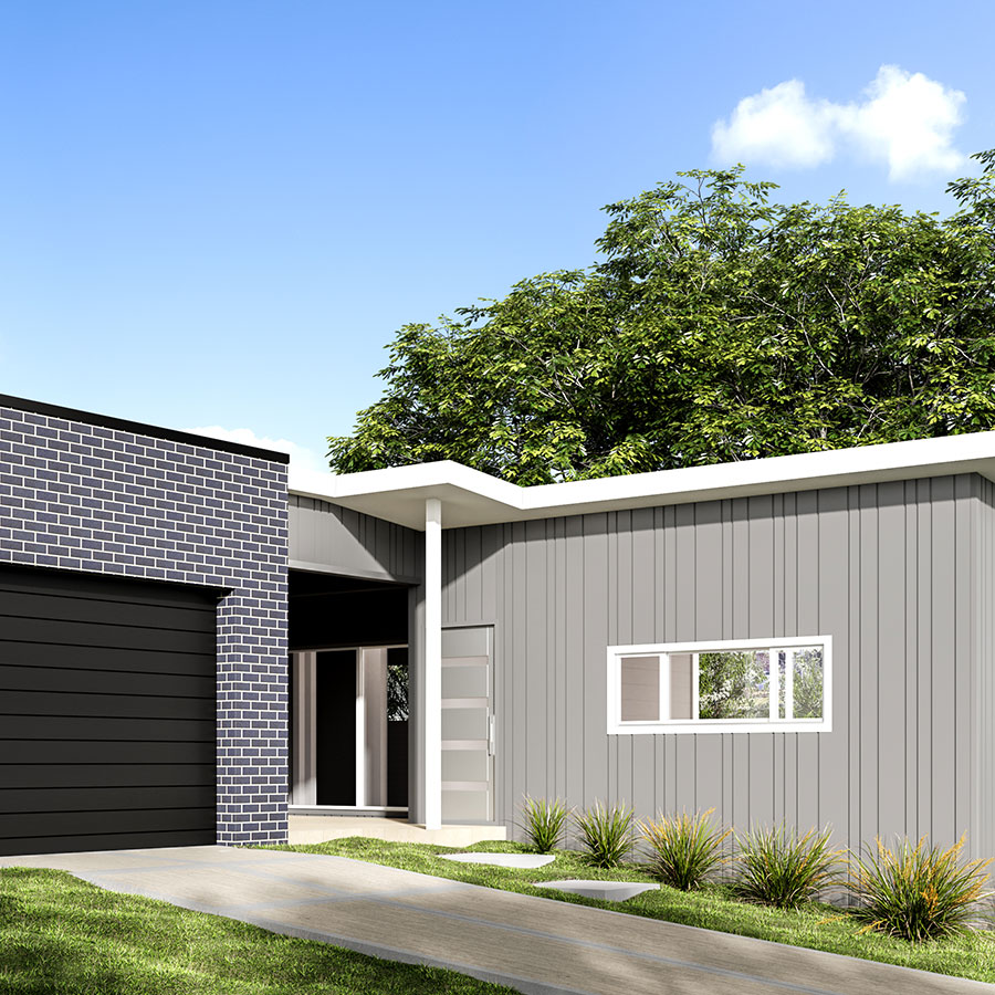 Modern home exterior featuring grey panelled walls, a brick facade, and a sleek garage. Lush greenery surrounds a welcoming pathway.