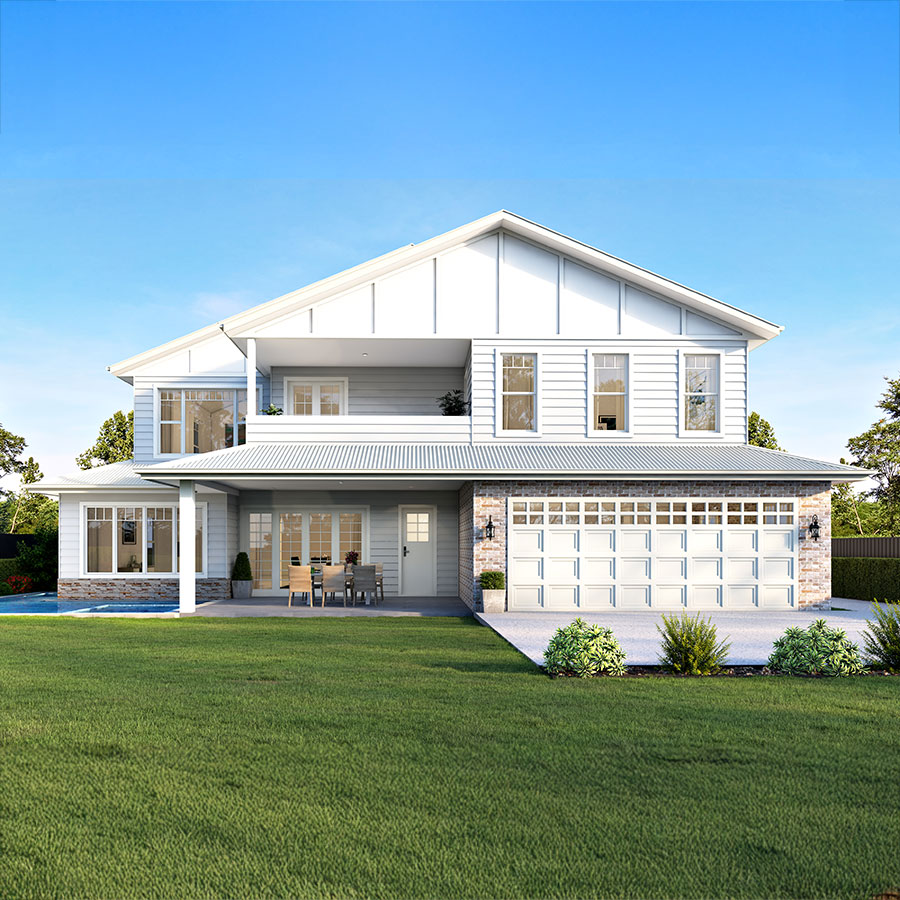 Modern two-storey house with a white exterior, large windows, and a stone garage. Green lawn and patio furniture visible in the front.