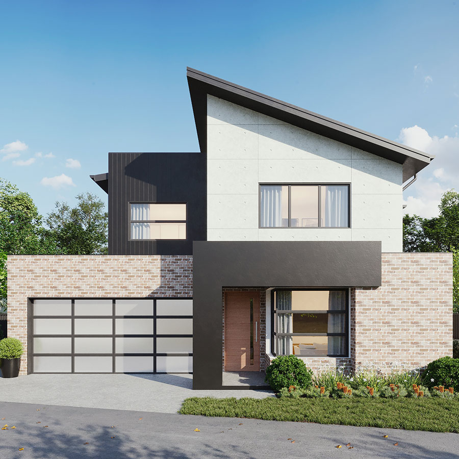 Contemporary two-storey home with a mix of brick and textured panels, large windows, and a stylish sloped roof, set against a clear blue sky.