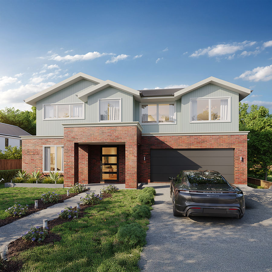 Modern two-storey house featuring red brick and green panelled exterior, with a grey car parked in the driveway and landscaped garden.