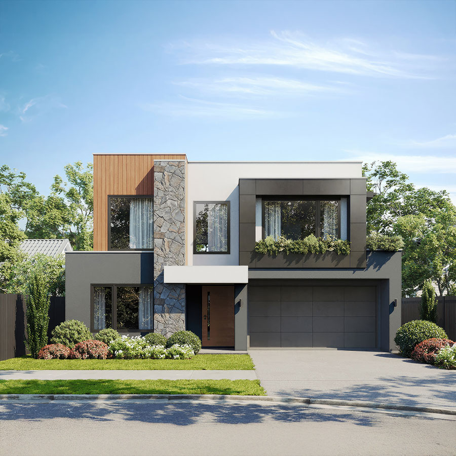Modern two-storey house featuring a mix of stone, wood, and rendered finishes, with large windows and landscaped greenery.