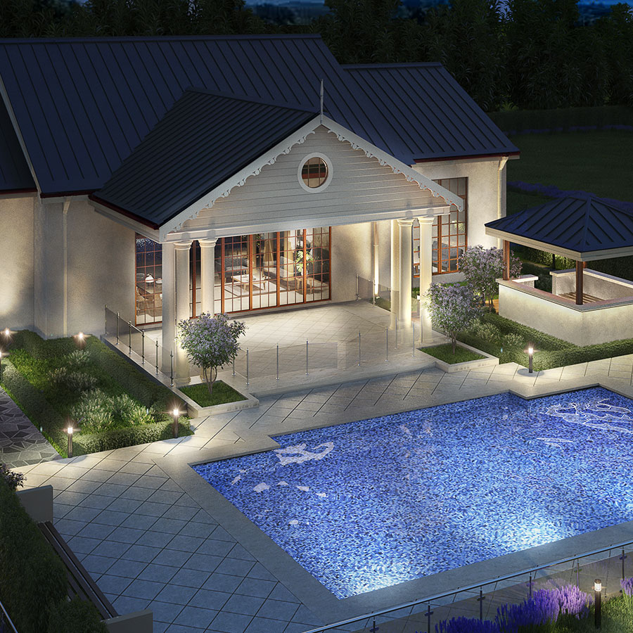 Elegant home in Narellan featuring a welcoming porch, landscaped gardens, and a serene pool, illuminated under evening light.