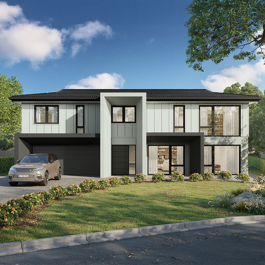 Modern two-storey house with a sleek design, featuring a mix of light green and dark grey cladding, surrounded by landscaped greenery.