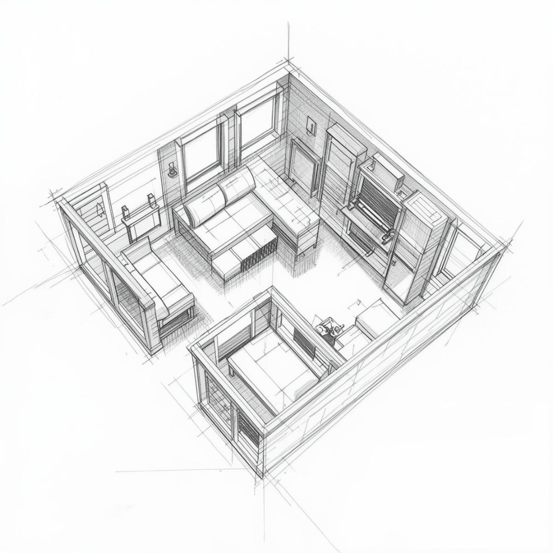 Detailed sketch of a room layout featuring a bed, sofa, dining area, and windows, showcasing a minimalist design.
