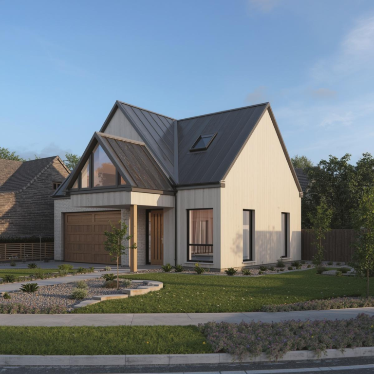 Contemporary light-coloured house with a sloped roof, featuring a large front window, wooden garage door, and landscaped garden.