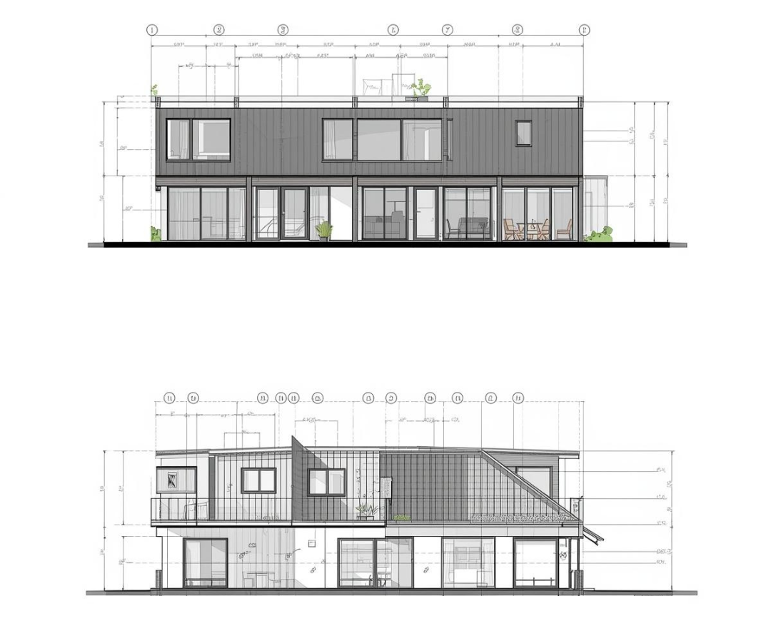 Two architectural elevations of a modern house design featuring large windows, a mix of materials, and green planters.