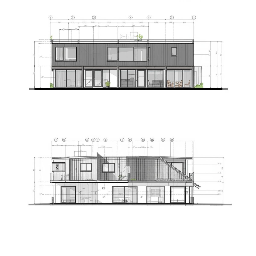 Two architectural elevations of a modern house design featuring large windows, a mix of materials, and green planters.