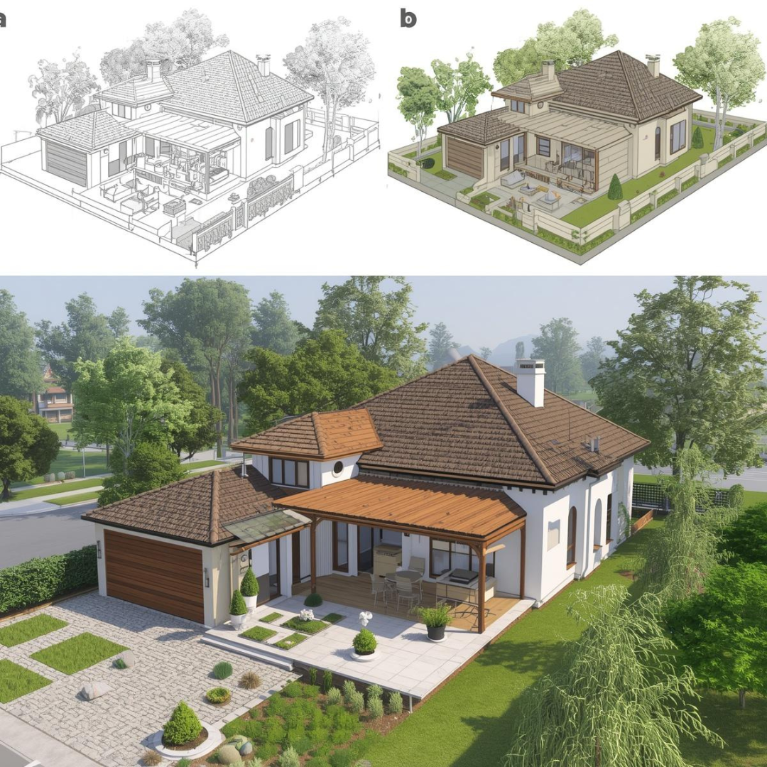 A comparison of house designs: top left shows a line drawing; top right displays an exterior view; bottom features a 3D rendering of a modern home.