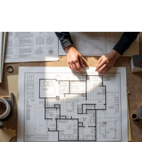Architectural house plans laid out on a table, with hands reviewing the blueprints among design documents and tools.