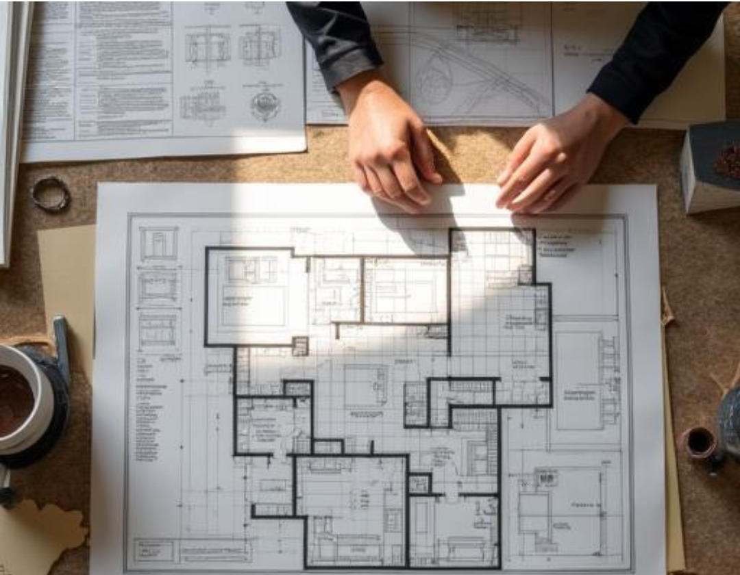 Architectural house plans laid out on a table, with hands reviewing the blueprints among design documents and tools.