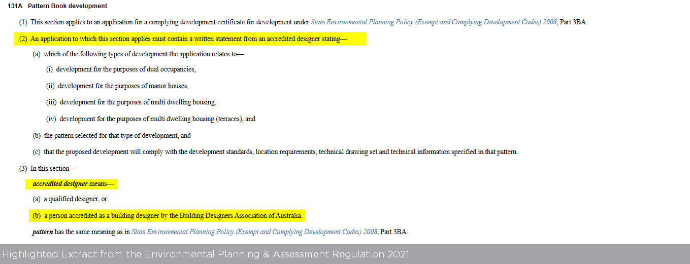 Highlighted text from a regulatory document discussing development applications, focusing on the role of accredited designers.