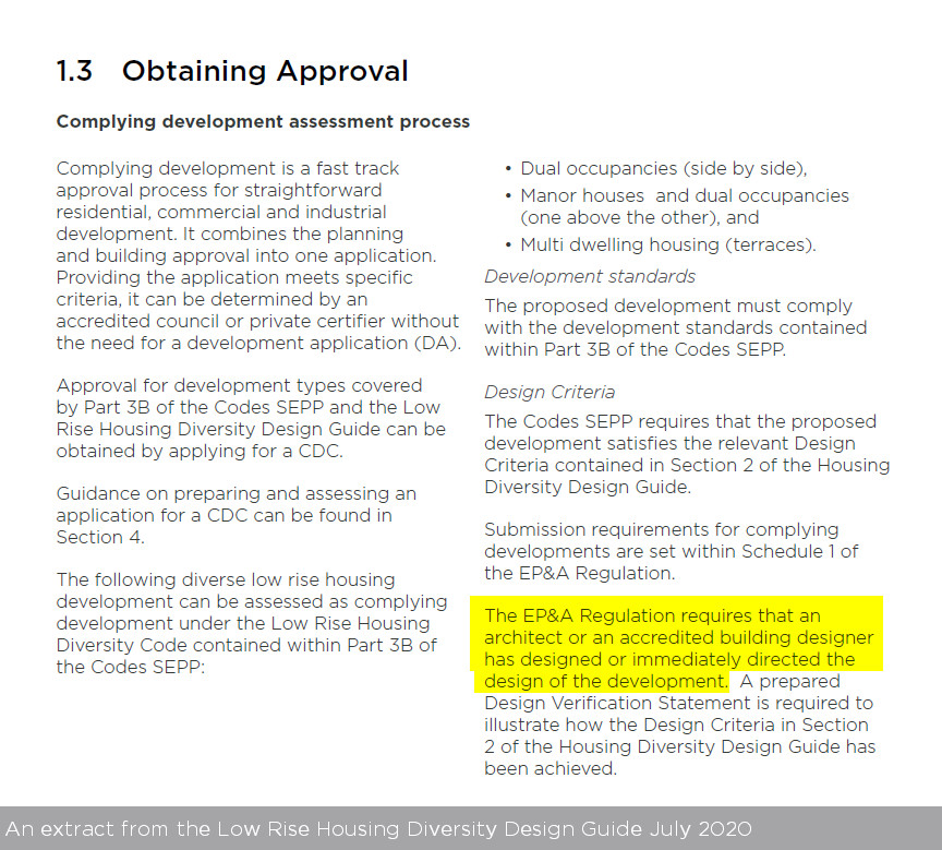 An extract from the Low Rise Housing Diversity Design Guide, outlining approval processes and design criteria with bullet points and clear headings.