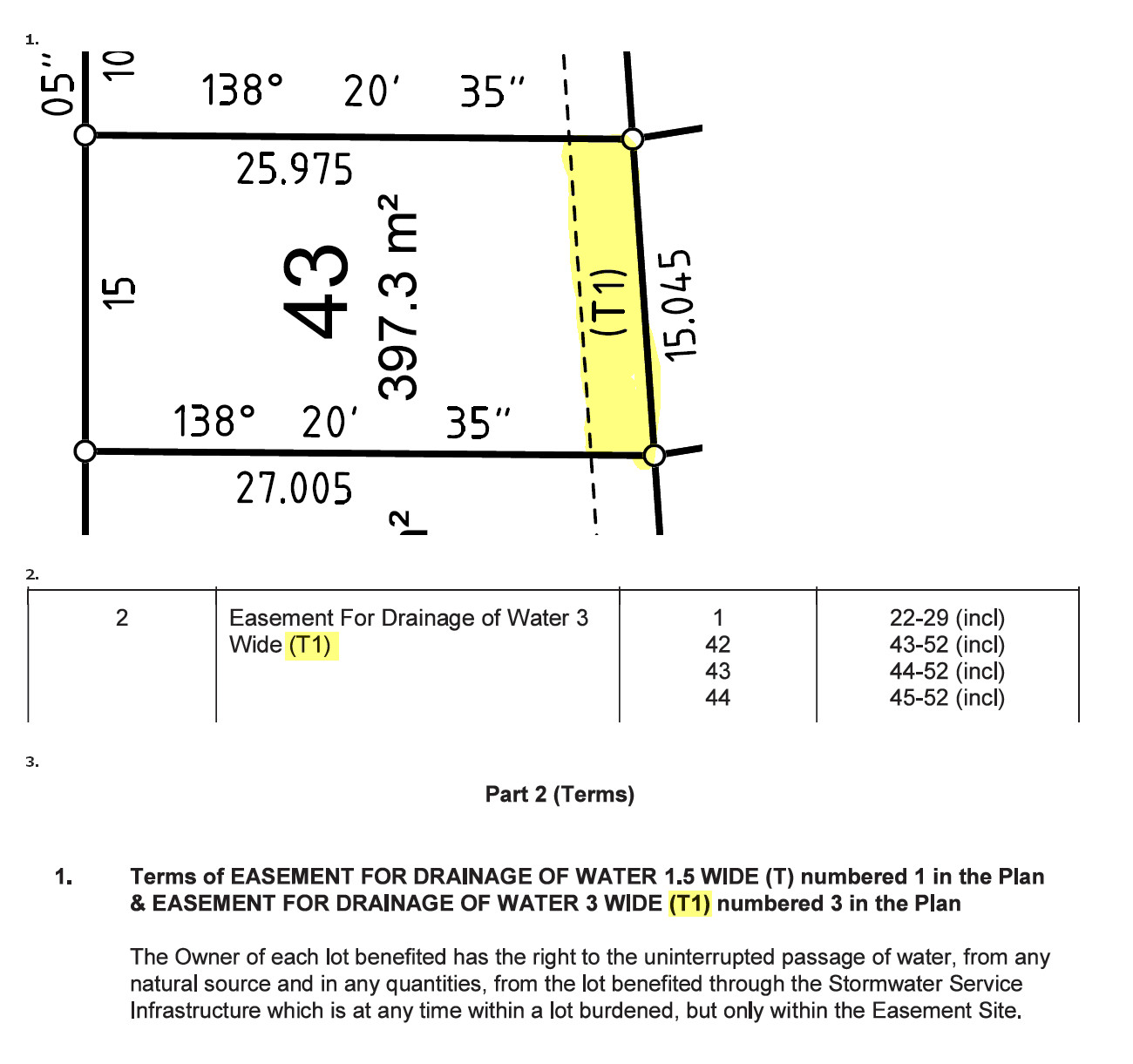 Diagram illustrating an easement plan for water drainage, highlighting lot dimensions and terms clearly with a yellow shaded section.