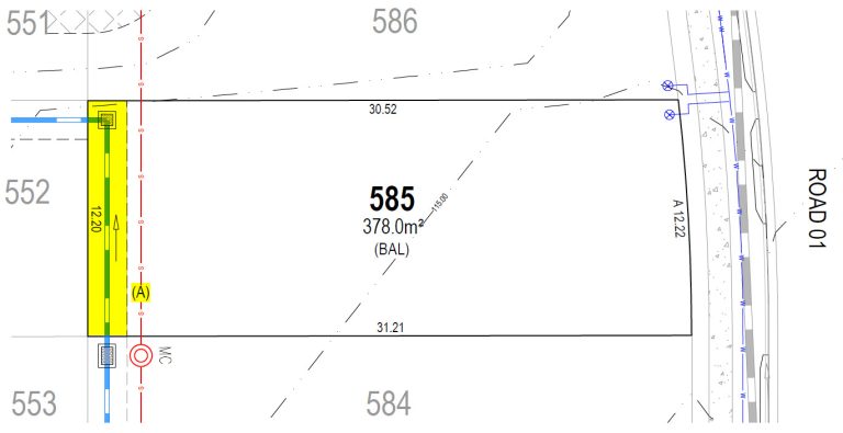Site plan showing property measurements and easement details, with highlighted easement area in yellow for clarity.