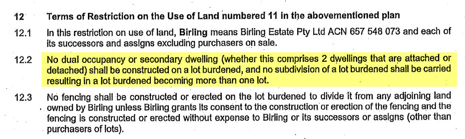 Terms of restriction on land use, detailing construction limitations and permissions, presented in clear, formal text format.